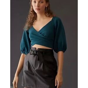 Maeve Anthropologie Womens-M Crop Top Textured Green Criss Cross Front